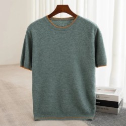Men's T-shirt 2024 Summer New Knitted Tank Top Fashion Color Block Rou