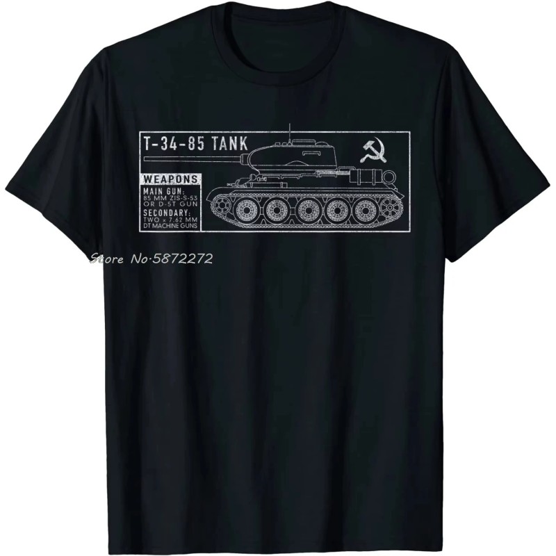 Fashion Soviet Russia T-34 85 Tank Blueprint T-Shirt Men Loose Cotton 
