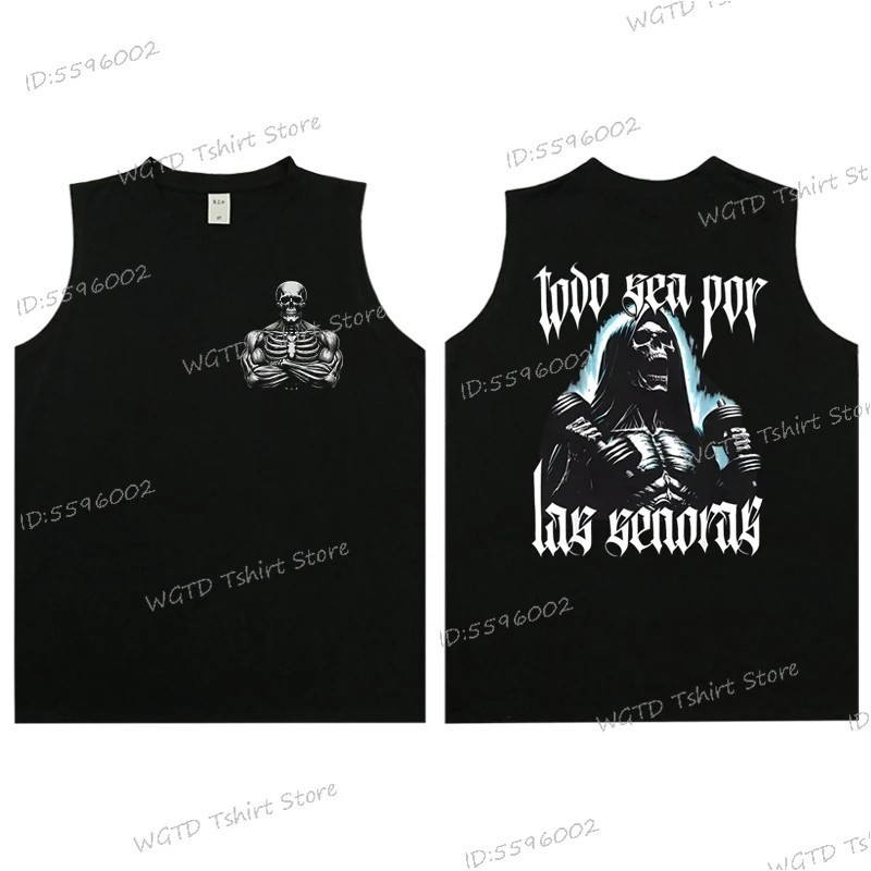 Cool Skeleton Calacas Chidas Gym Print Tank Top for Men Summer Cotton 