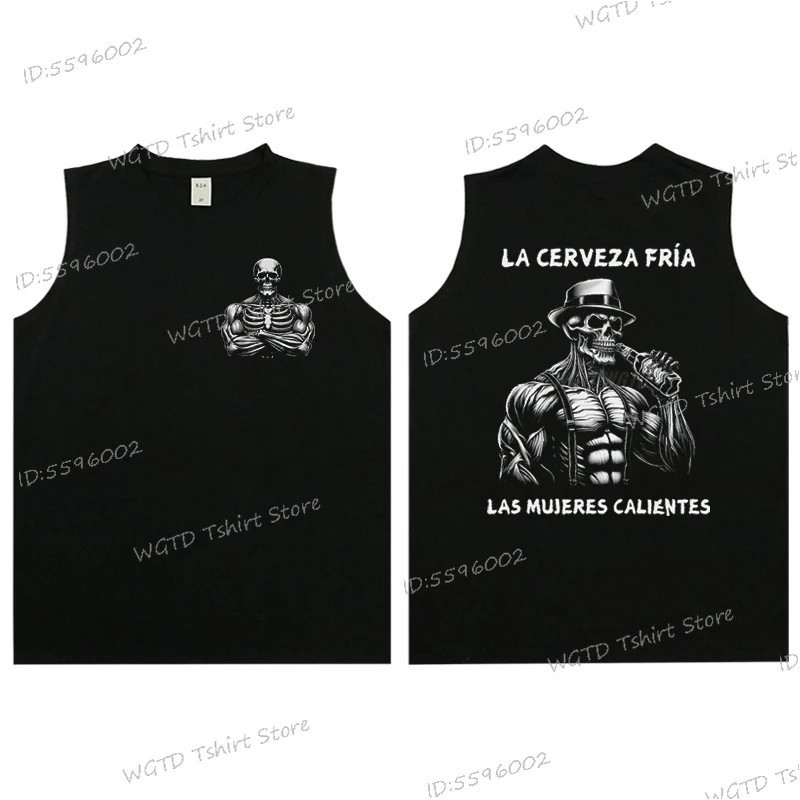 Cool Skeleton Calacas Chidas Gym Print Tank Top for Men Summer Cotton 