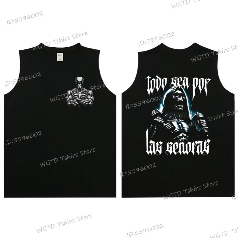 Cool Skeleton Calacas Chidas Gym Print Tank Top for Men Summer Cotton 