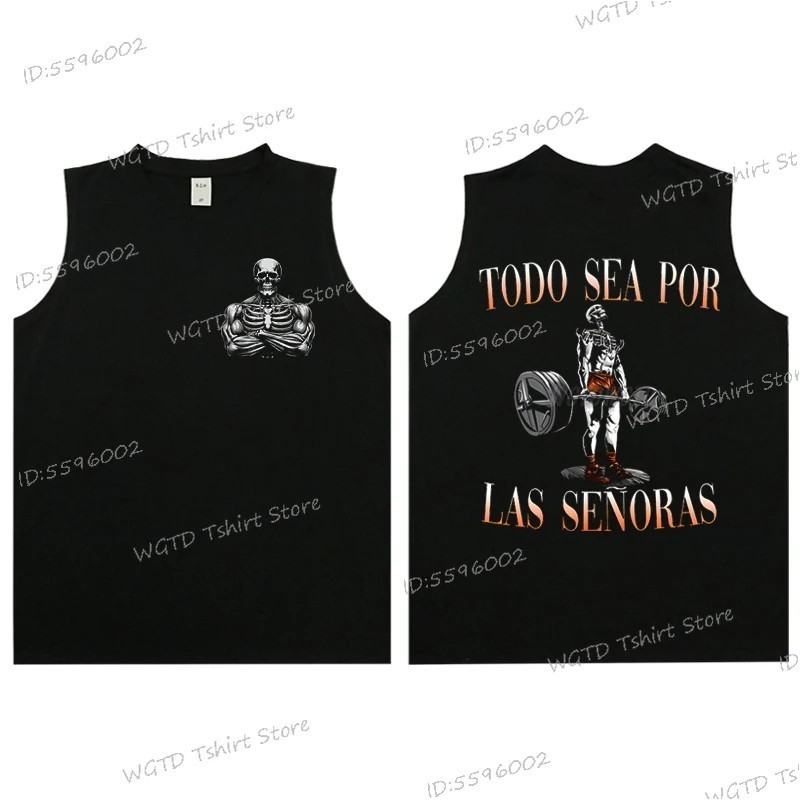 Cool Skeleton Calacas Chidas Gym Print Tank Top for Men Summer Cotton 