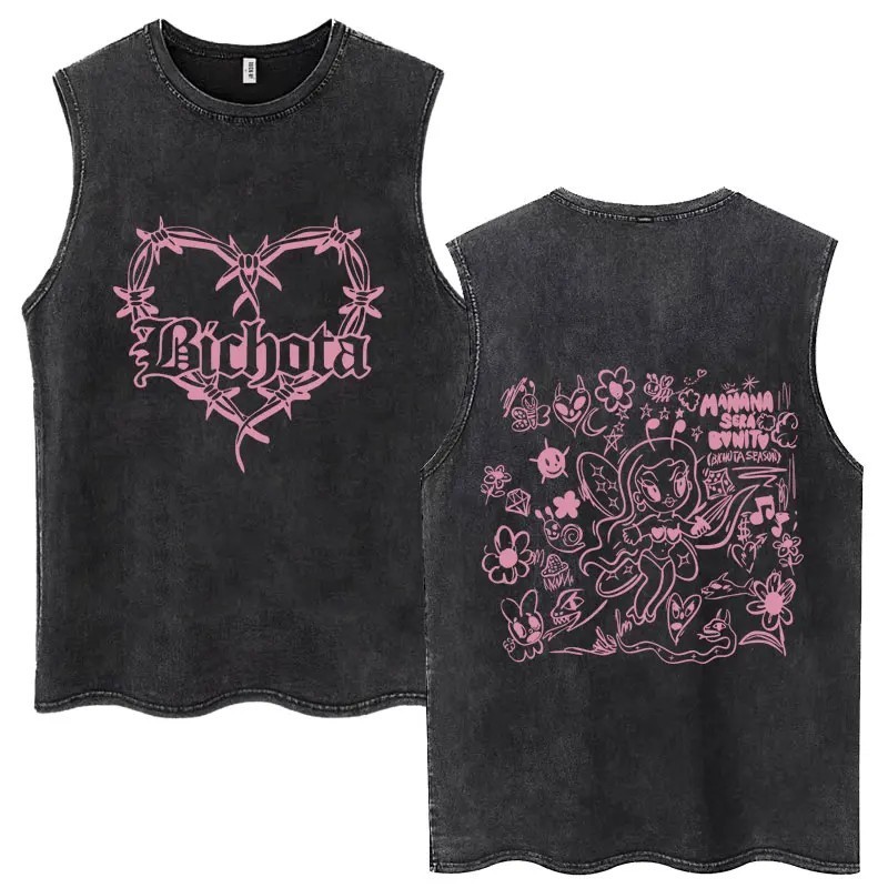 Hot Sale Karol G Bichota Music Album Washed Tank Tops Hip Hop Fashion 
