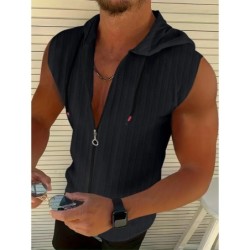 Men's Textured Zip Up Hooded Sleeveless Shirt Casual Summer Tank Top