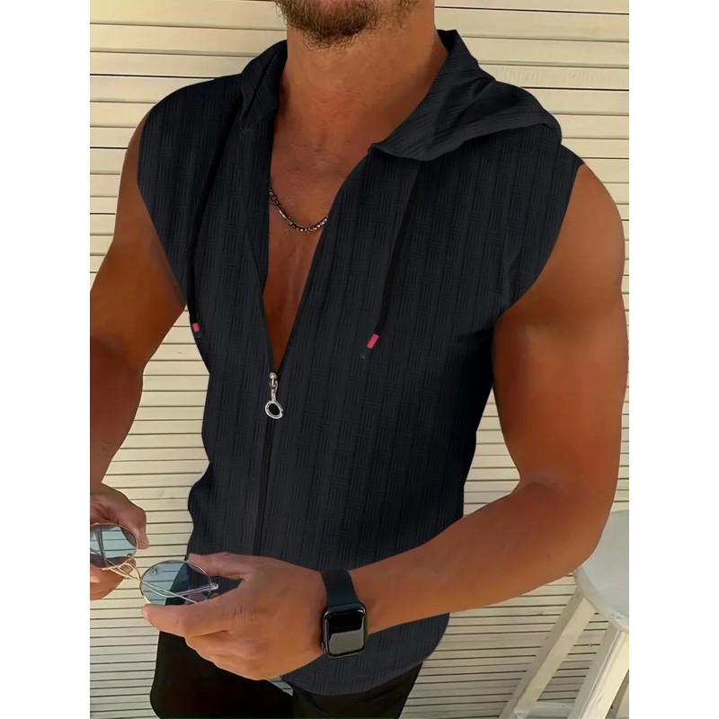 Men's Textured Zip Up Hooded Sleeveless Shirt Casual Summer Tank Top