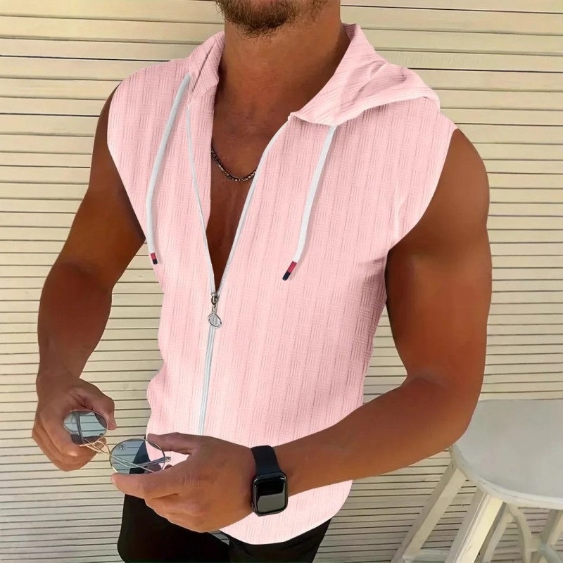Men's Textured Zip Up Hooded Sleeveless Shirt Casual Summer Tank Top