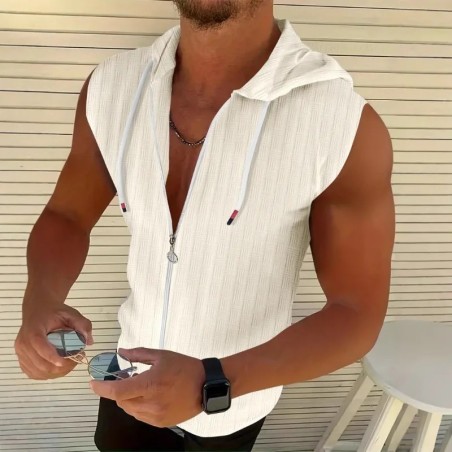 Men's Textured Zip Up Hooded Sleeveless Shirt Casual Summer Tank Top