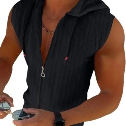 Men's Textured Zip Up Hooded Sleeveless Shirt Casual Summer Tank Top